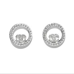 Authentic Chanel Crystal CC Round Earrings SHW